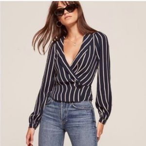 Reformation Wrap Long Sleeve Capone Stripe Navy Top